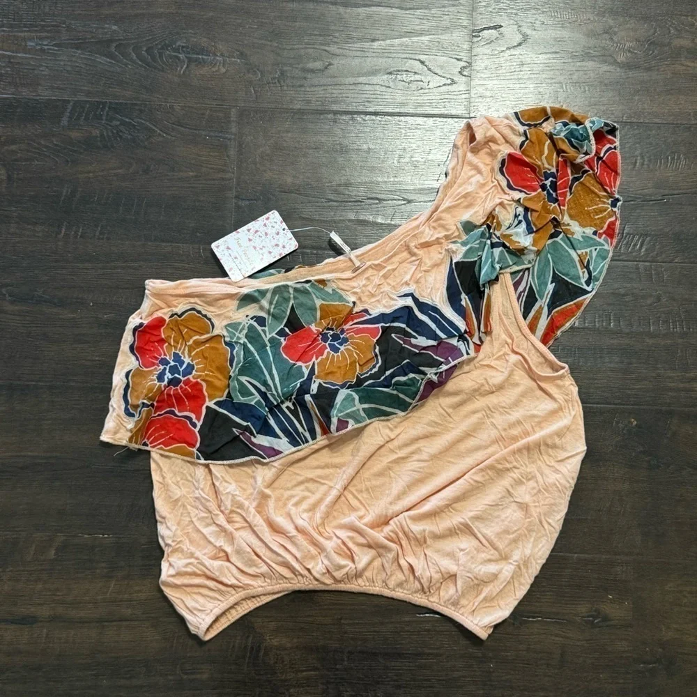 Free People Annka Ruffle One‎ Shoulder Peach Linen Blend Top Size Small Women